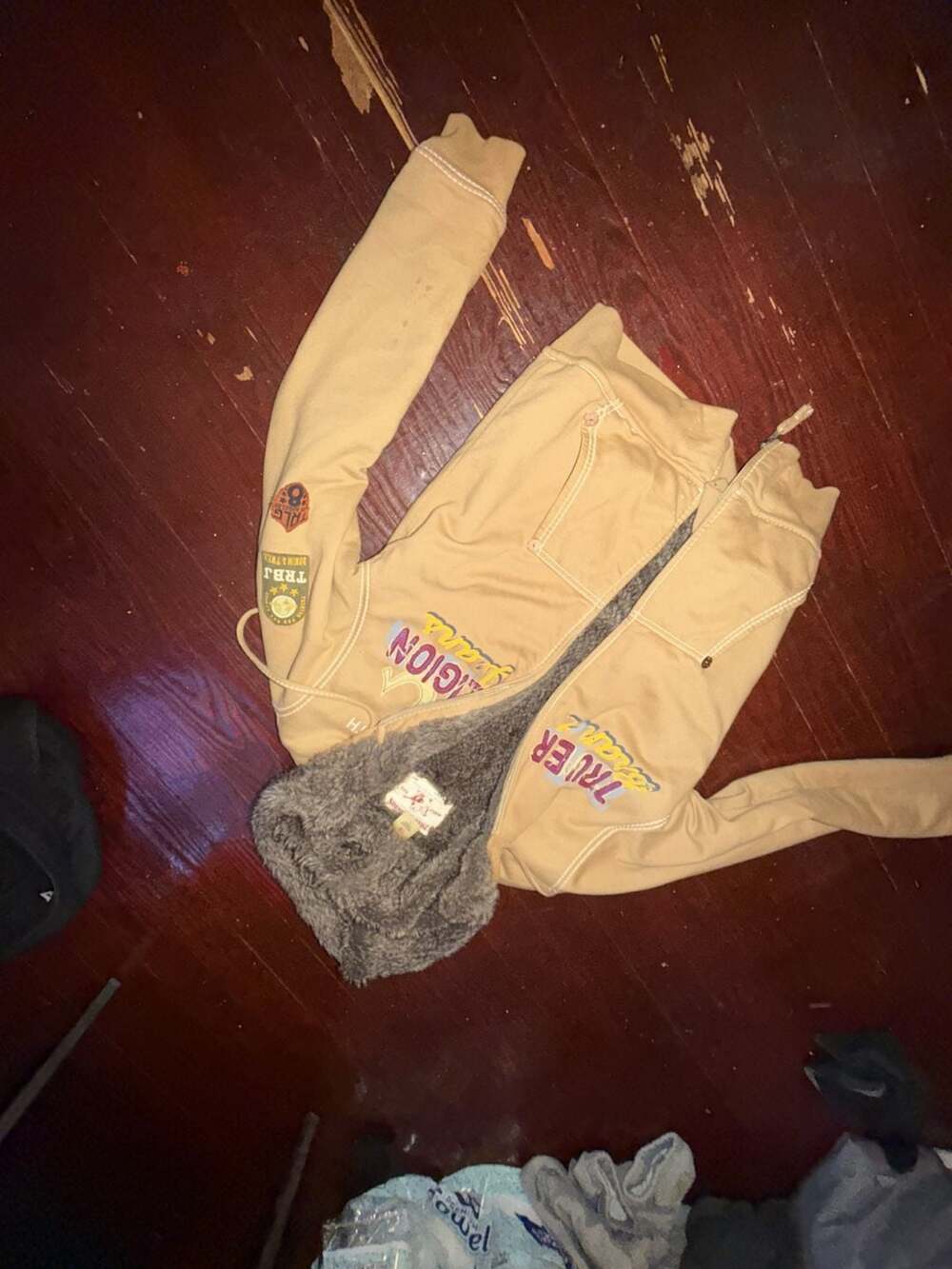 True Religion Brand Jeans Faux Fur Lined Tan Zip Up Hoodie Jacket